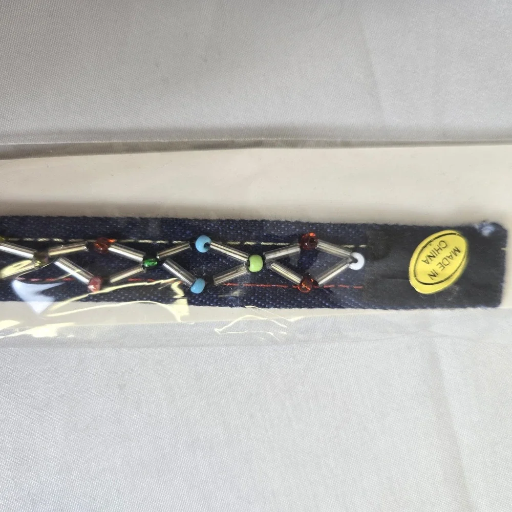 Denim‎ Beaded Bracelet, Retro Vibe, Hook and Loop Closure, 7